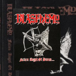 Espaldera pintada a mano con la portada del "Fallen Angel of Doom" de Blasphemy. Acrílico sobre cuero. Medidas: 37x29cm.